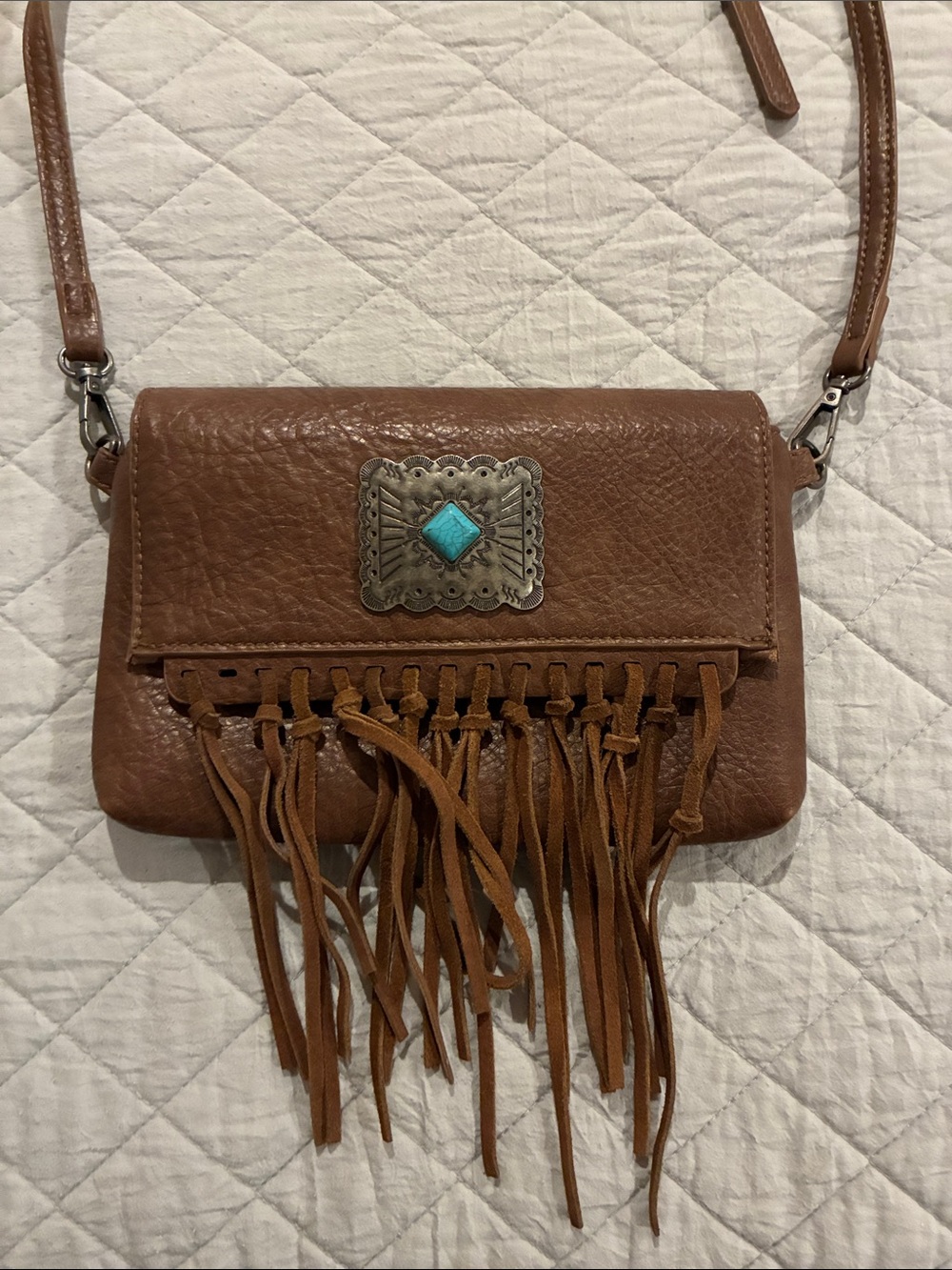 Wrangler Brown Leather Fringe Crossbody with Turquoise Accent